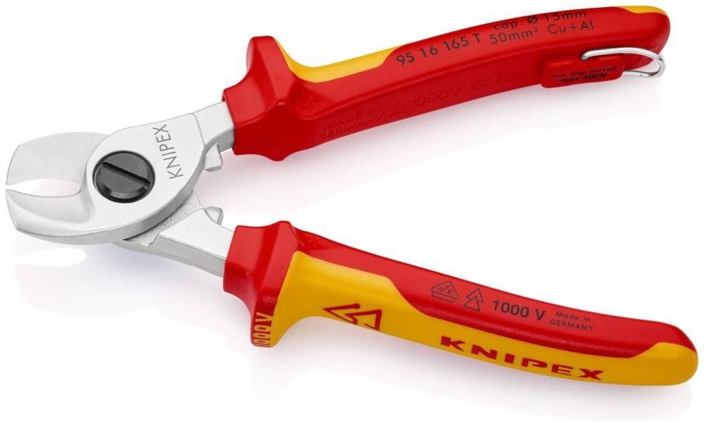 Rote und gelbe KNIPEX-Zangen mit ergonomischen Griffen, zum Schneiden konzipiert. Geeignet für professionelle und elektrische Arbeiten.