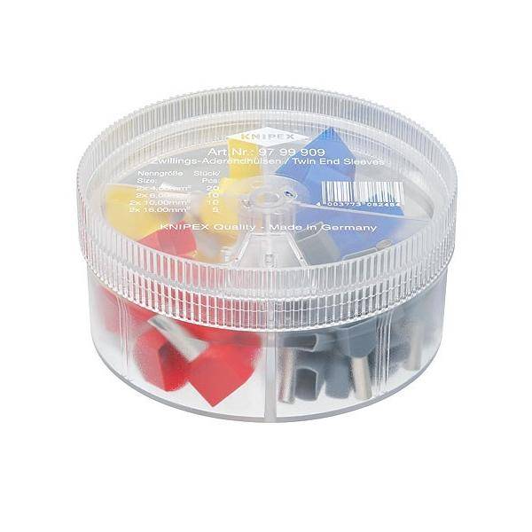 Kunststoffbehälter mit Knipex Aderendhülsen, sortierte Farben und Größen durch transparenten Deckel sichtbar, gekennzeichnet als Knipex-Qualität, hergestellt in Deutschland.