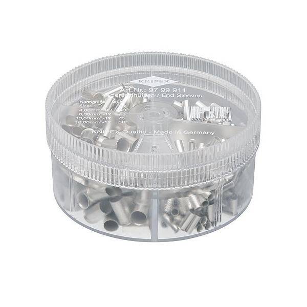 Ein durchsichtiger runder Behälter, gefüllt mit metallischen Endmanschetten, mit der Aufschrift 