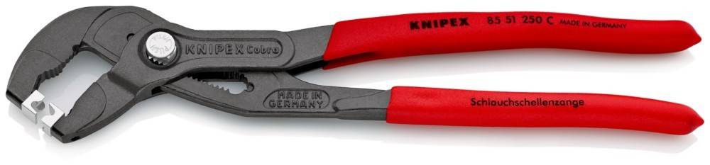 Zange mit roten Griffen und schwarzem Metall. Geprägte Schrift liest sich: Made in Germany.
