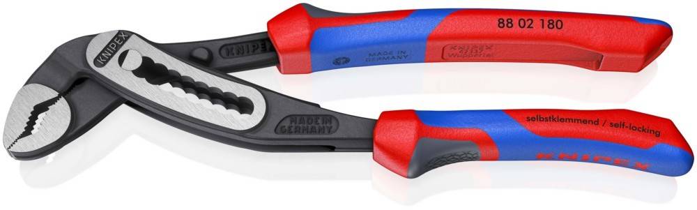 Rot-blau-griffige Zange mit verstellbaren Backen, geschlossen auf weißem Hintergrund dargestellt.