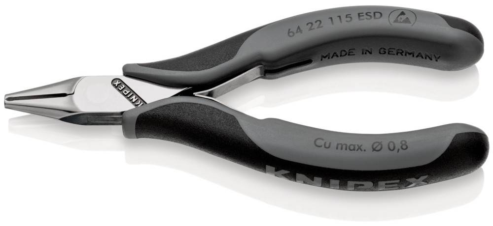 Ein Paar schwarze und silberne Zangen mit schräger Ausrichtung und ergonomischen Griffen, an deren Seite Herstellungsdetails eingraviert sind.