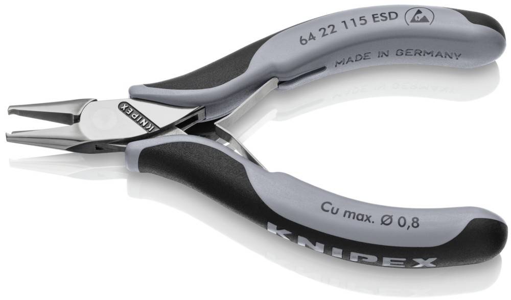 Silberne und schwarze Drahtschneider mit dem Text 'KNIPEX' und 'Cu max. Ø 0.8' auf den Griffen. Nahaufnahme in schräger Position.