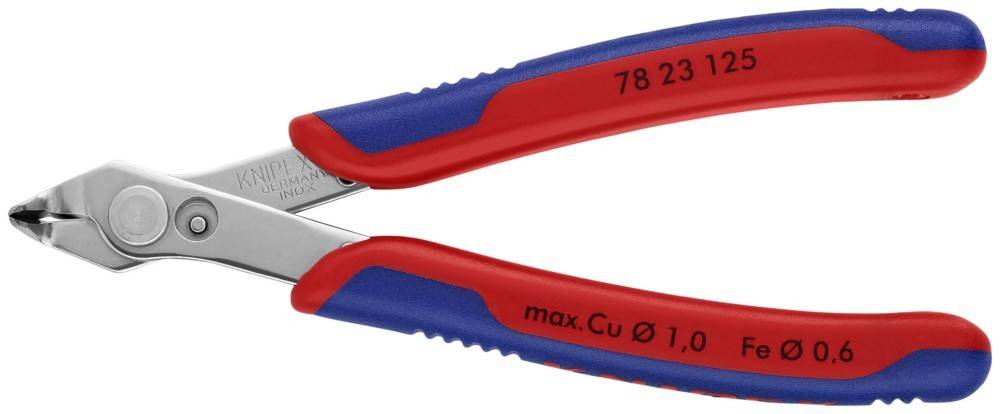 Rote und blaue Zangen mit polierten Metallflächen, gekennzeichnet mit 'max. Cu Ø 1.0'.
