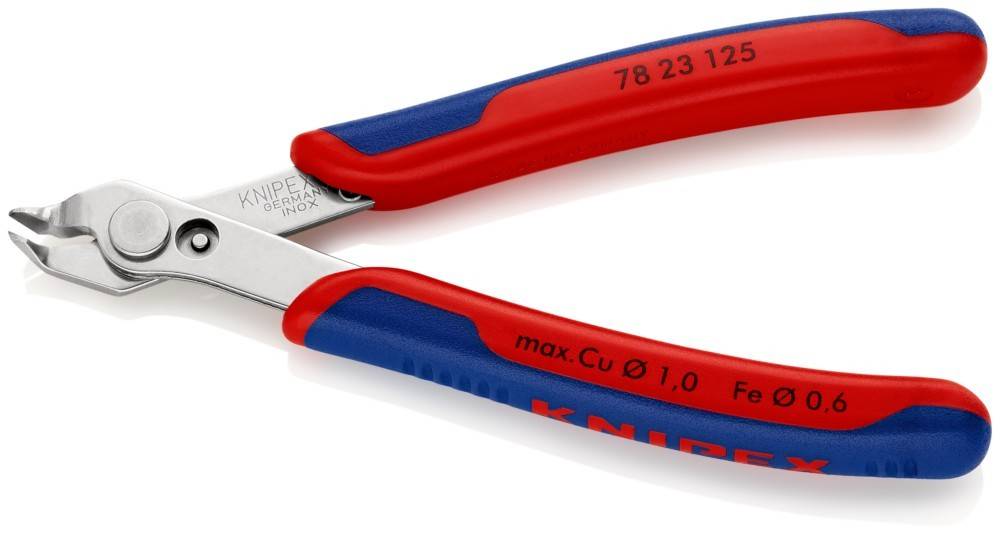 Blau und rot lackierter Drahtschneider mit Metallkopf, mit der Aufschrift 