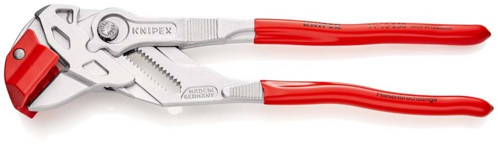 Rot-silberne Knipex-Spitzenzange mit langen roten Griffen, Seitenansicht auf weißem Hintergrund dargestellt.