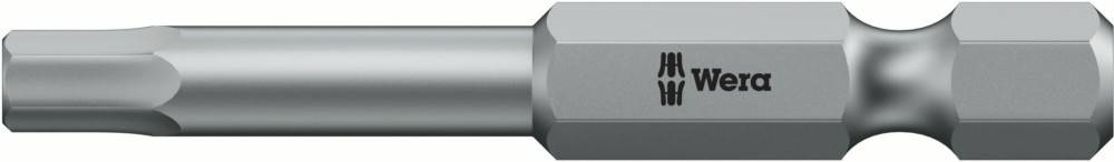 Ein Metallsechskant-Werkzeugbit, von der Seite gezeigt, mit einem glatten zylindrischen Abschnitt und einem sechseckigen Schlüsselende, zum Befestigen.