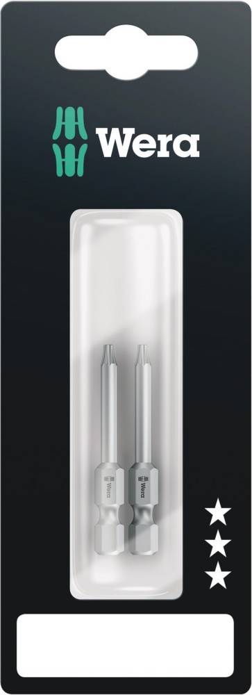 Zwei metallische Werkzeuge in einer Plastikverpackung vor einem dunklen Hintergrund, die Schraubendreher-Bits ähneln, ohne sichtbare Etiketten oder Markierung.