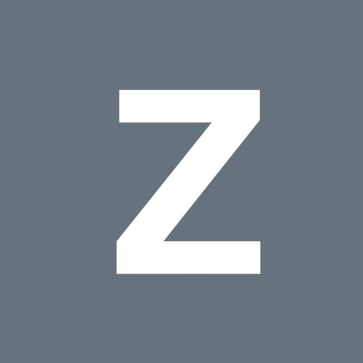 Das Bild zeigt ein großes weißes 'Z' auf einem einfarbigen grauen quadratischen Hintergrund.