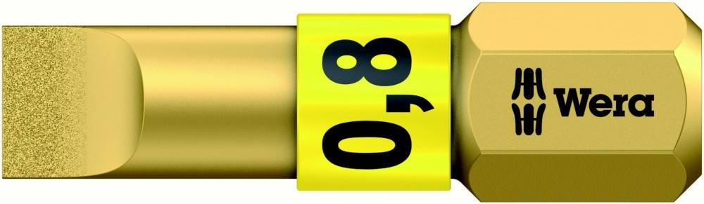 Goldfarbenige Wera-Innensechskant-Stecknuss mit gelbem Streifen, markiert mit 10,8 und dem Wera-Logo auf der Sechskantseite.