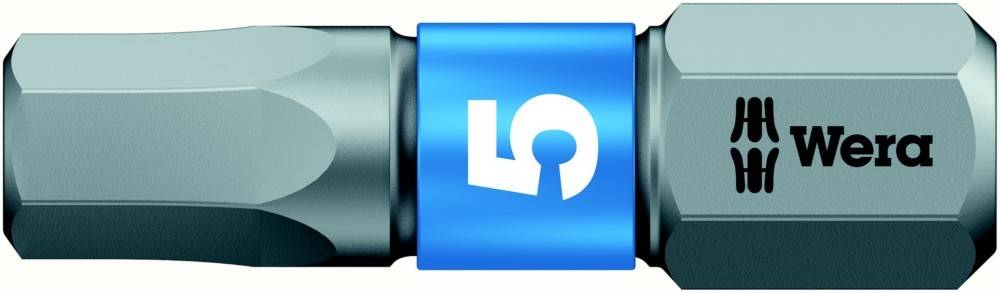 Nahaufnahme einer Wera-Schraubendreherbit mit einem blauen Mittelbana und weißem Logo auf einem metallischen sechskantigen Schaft.