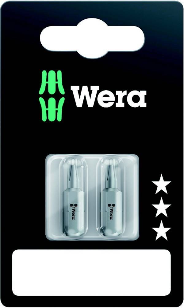 Wera Blisterpackung mit zwei silbernen Werkzeugbits und einem leeren weißen Etikettenbereich auf schwarzem Hintergrund.