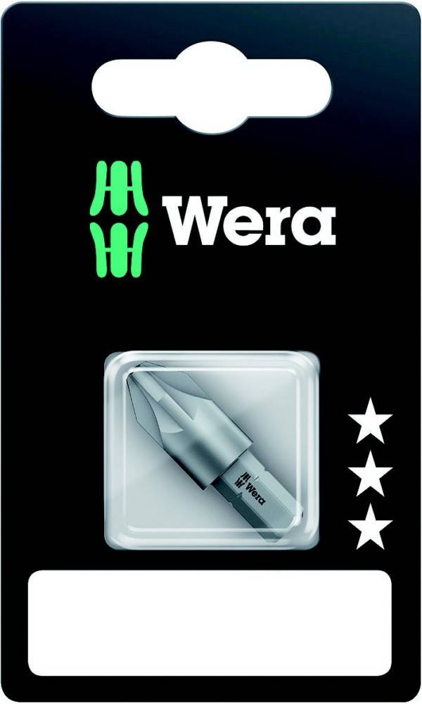 Packung eines Wera-Werkzeugbitset mit grünem Wera-Logo, Produktfoto in transparentem Kunststoffbehälter und leerer weißer Etikettenfläche am unteren Ende.