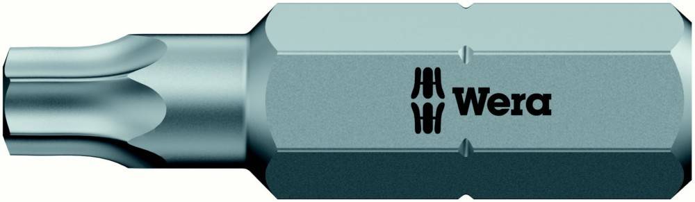 Nahaufnahme eines Wera Torx Schraubendreherbits mit silberner Welle und grauem sechskantigem Körper, der das Wera-Logo zeigt.