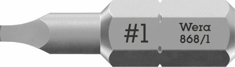Nahaufnahme eines silbernen Schraubendreherbits mit der Bezeichnung '#1' und 'Wera 868/1'.