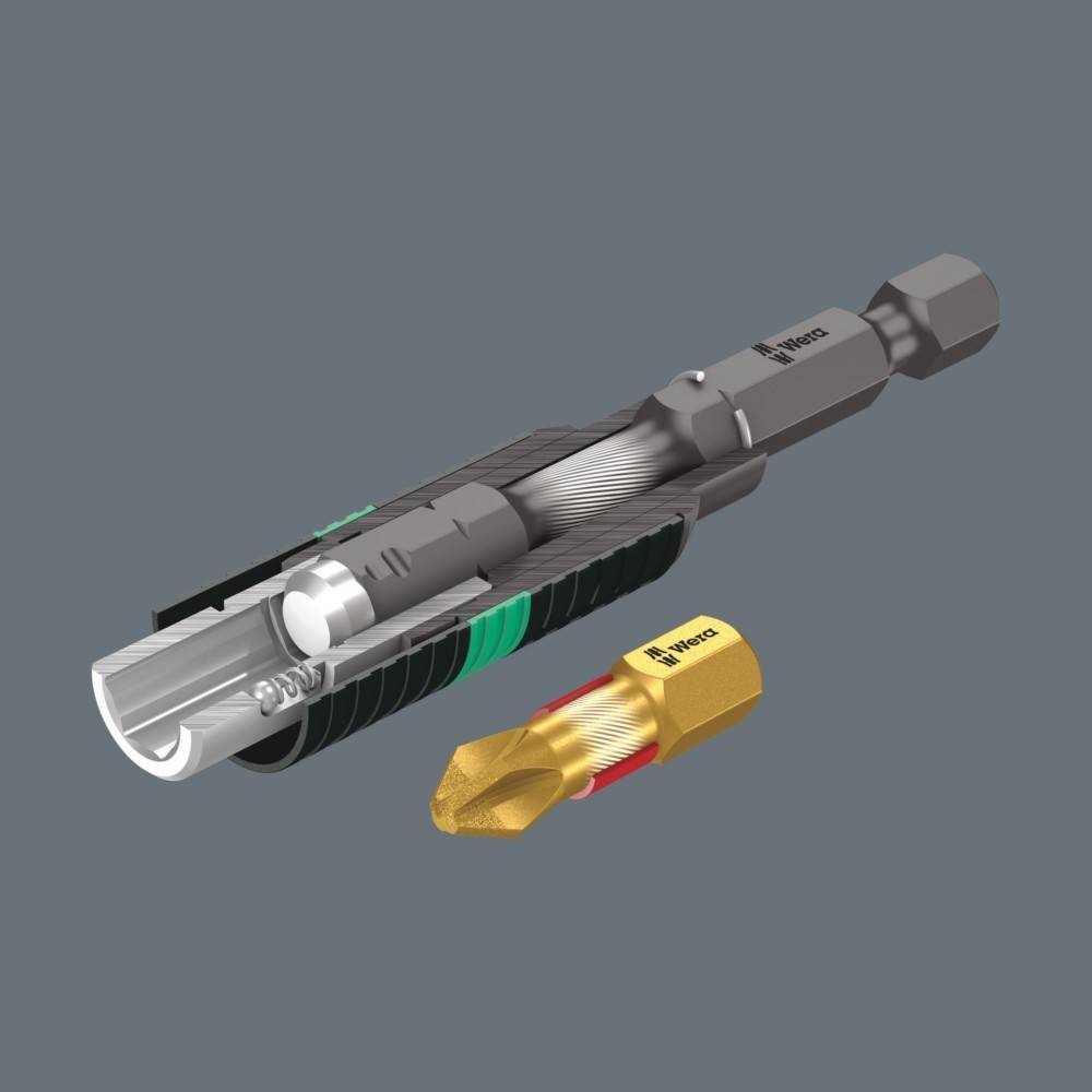 Ein 3D-Modell, das eine Explosionszeichnung eines mechanischen Werkzeugs mit einem silbernen zylindrischen Körper, grünen Bändern und einer abnehmbaren goldenen Spitze zeigt.