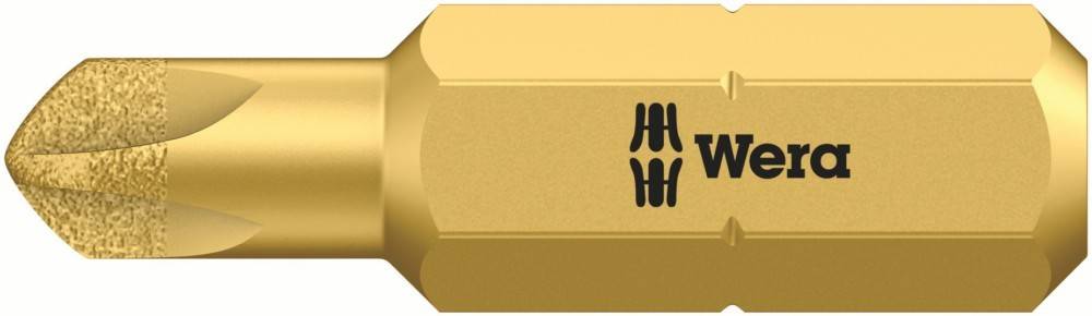 Goldfarbener Wera Schraubendreherbit mit Phillips-Spitze und schwarzem Wera-Logo auf dem Schaft.