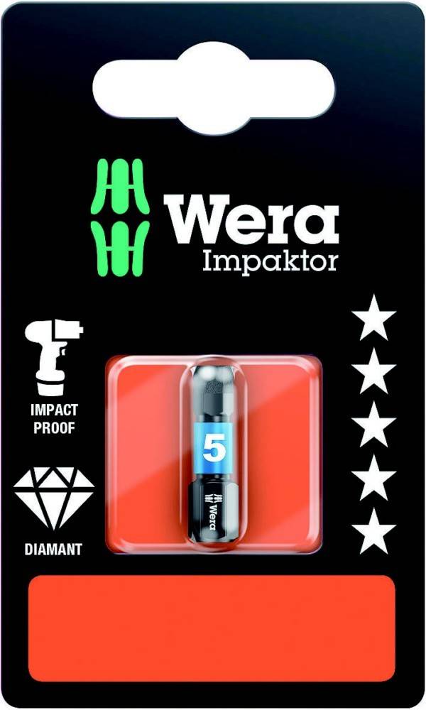Verpackung für Wera Impaktor stoßfestem Bitset, zeigt einen Bit in rotem Koffer, mit Symbolen für stoßfest und Diamant, und eine 5-Sterne-Grafik.