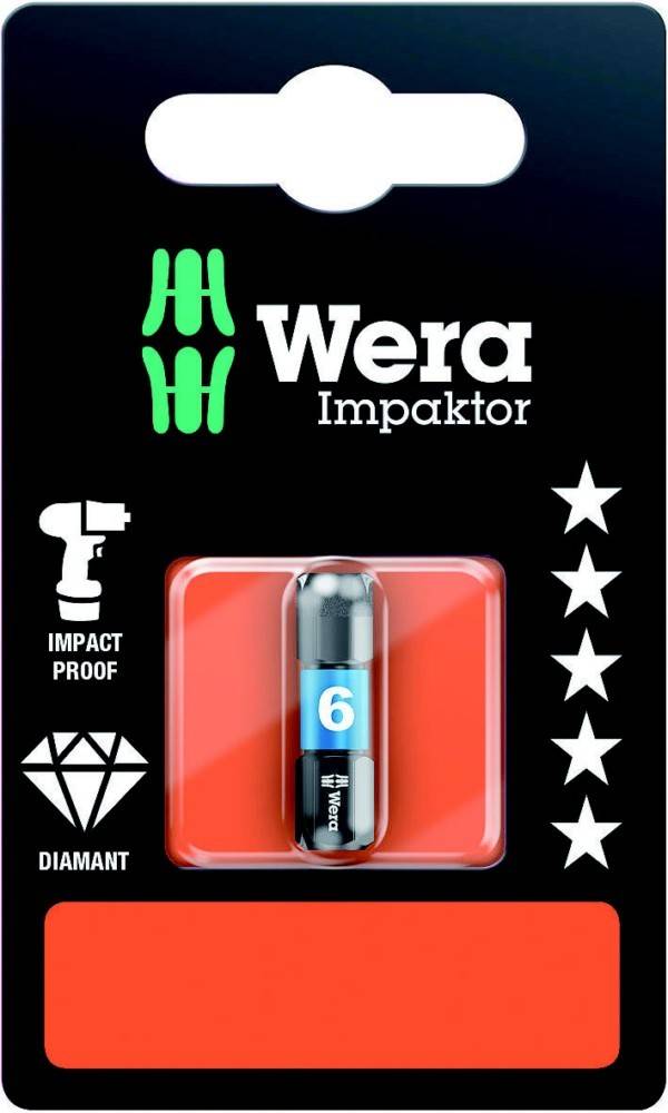 Verpackung für Wera Impaktor 6 Schraubendreherbit, mit stoßfest- und Diamant-Symbolen, Sternbewertung und klarem Kunststofffenster, das das Bit auf einer schwarz-roten Karte zeigt.