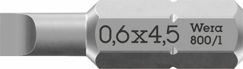 Nahaufnahme einer Wera-Schraubendreherklinge mit der Bezeichnung 0,6 x 4,5 und 'Wera 800/1' auf einem silbernen Metallschaft.