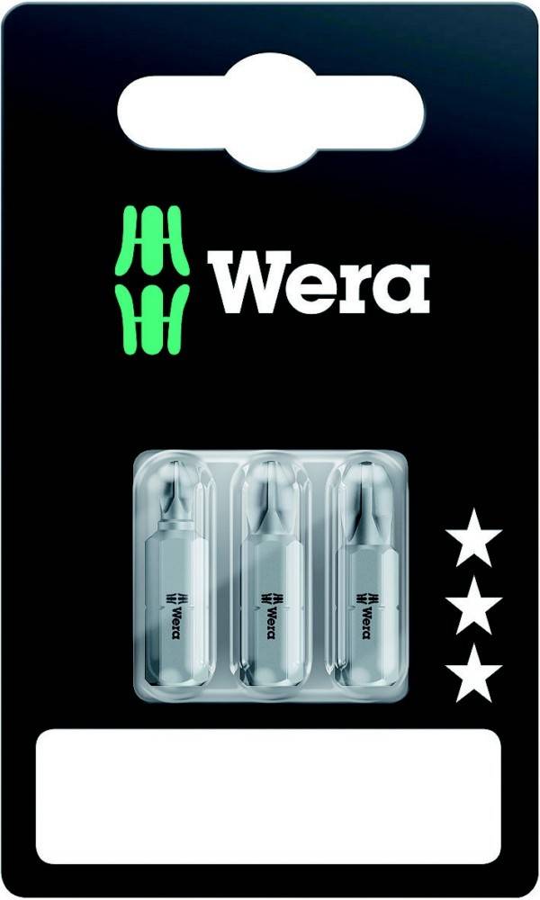 Wera-Blisterpackung mit drei kleinen silbernen Werkzeugen oder Bits, grünem Logo und drei weißen Sternen auf einer schwarzen Verpackung.