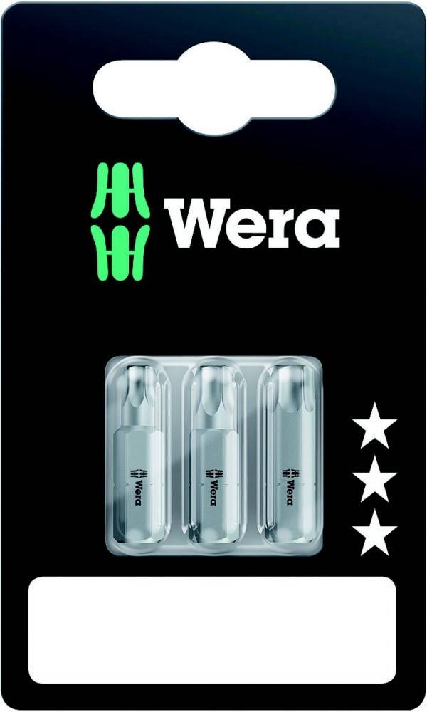 Wera-Markenwerkzeugsatz-Verpackung mit drei Schraubendreher-Bithaltern in einem transparenten Etui, mit Wera-Logo und Produktanzeitefenster.