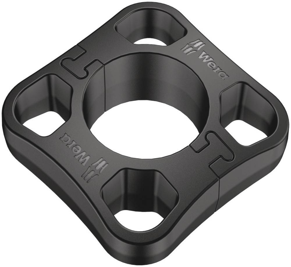 Ein schwarzer Plastik-Werkzeughalter mit vier Öffnungen und dem Text 'Wera' auf zwei Seiten.