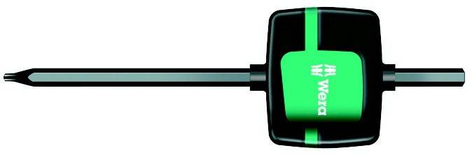 Nahaufnahme einer schwarz-grünen Elektroschraubendreher-Bithalterung mit eingefügtem Bit, horizontal auf weißem Hintergrund gezeigt.