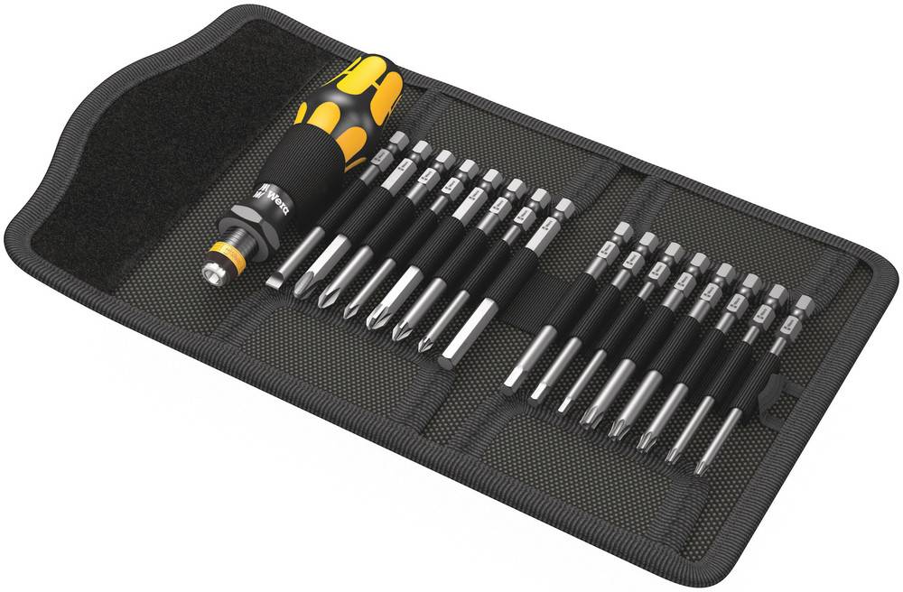 Ein Schraubendreher-Set mit gelb-schwarzem Griff und verschiedenen austauschbaren Bits, ordentlich in einem schwarzen Stoffhalter angeordnet.