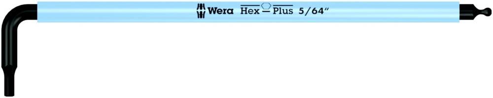 Schwarzer L-förmiger Innensechskantschlüssel mit blauem Griff, gekennzeichnet mit Wera Hex-Plus 5/64 Zoll.