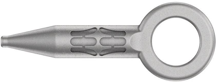 Eine Teilansicht eines silbernen Schraubenschlüssels mit einem hohlen, ergonomischen Griffdesign, der ein industrielles Werkzeug oder Hardware-Element veranschaulicht.