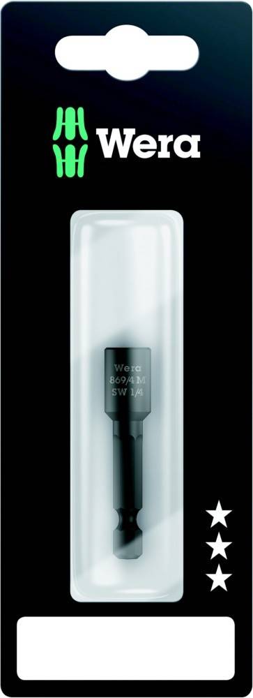 Verpackung für einen Wera-Werkzeugbit in einer transparenten Kunststoffblisterpackung auf einer schwarzen Karte mit dem Wera-Logo und drei weißen Sternen.