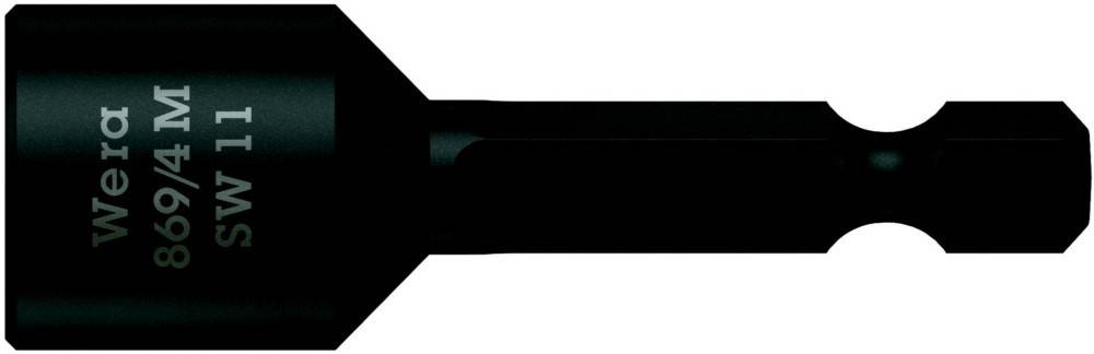 Nahaufnahme eines schwarzen Wera 869/4 M SW 11 Schrauberbits mit sechskantigem Schaft.