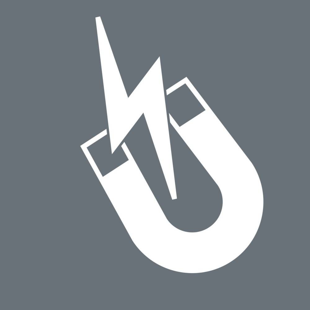Ein grauer Icon, der einen weißen Hufeisenmagnet mit einem Blitz quer darüber darstellt und Elektromagnetismus symbolisiert.