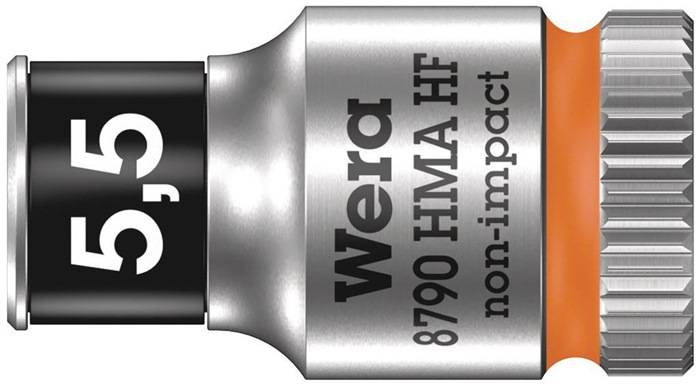 Wera 8790 HMA HF' Steckschlüssel ohne Schlageinwirkung, Nahaufnahme mit Etikett zur Marken- und Modellidentifikation.