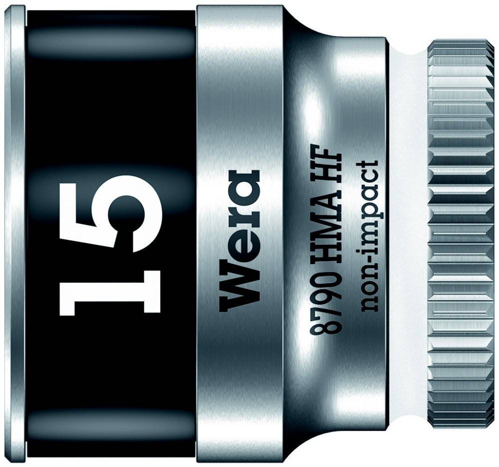 Nahaufnahme einer Wera 15-mm-Schlag-freien 870/4 HF-Steckdose, dargestellt in metallischem Silber und Schwarz mit der auf dem Werkzeug aufgedruckten Größe und Marke.
