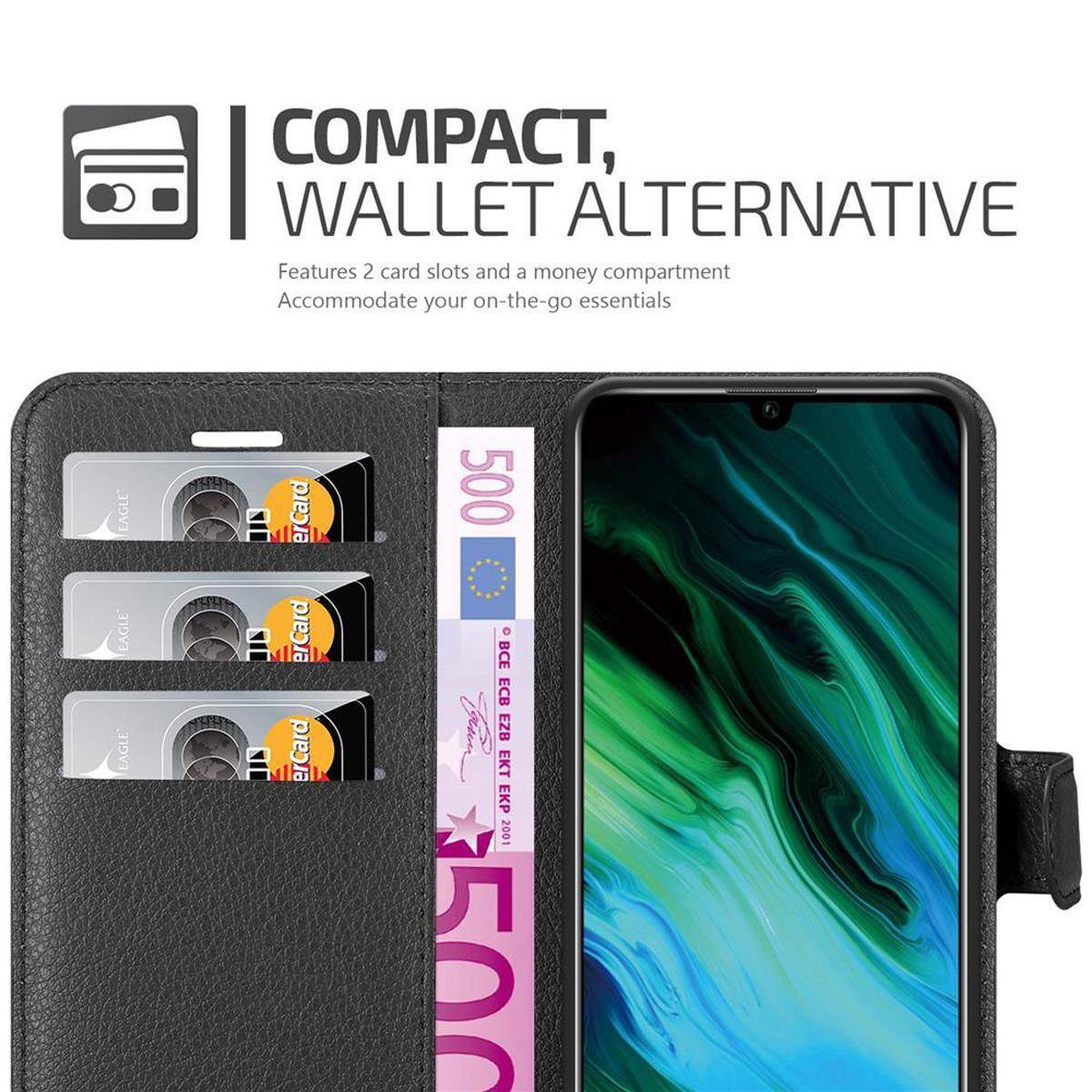 Cadorabo Hülle für Honor 20e Schutz Hülle in Schwarz Handyhülle Etui Case Cover Magnetverschluss
