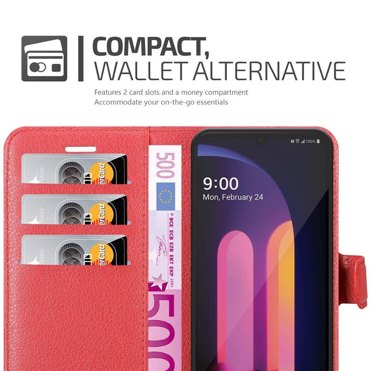 Cadorabo Hülle für LG V60 ThinQ Schutz Hülle in Rot Handyhülle Etui Case Cover Magnetverschluss