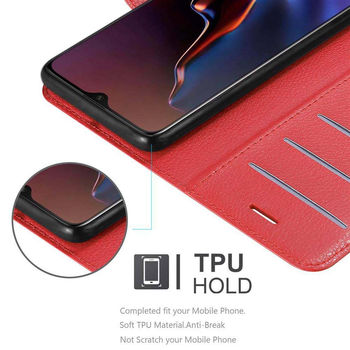 Cadorabo Hülle für OnePlus 7 Schutz Hülle in Rot Handyhülle Etui Case Cover Magnetverschluss