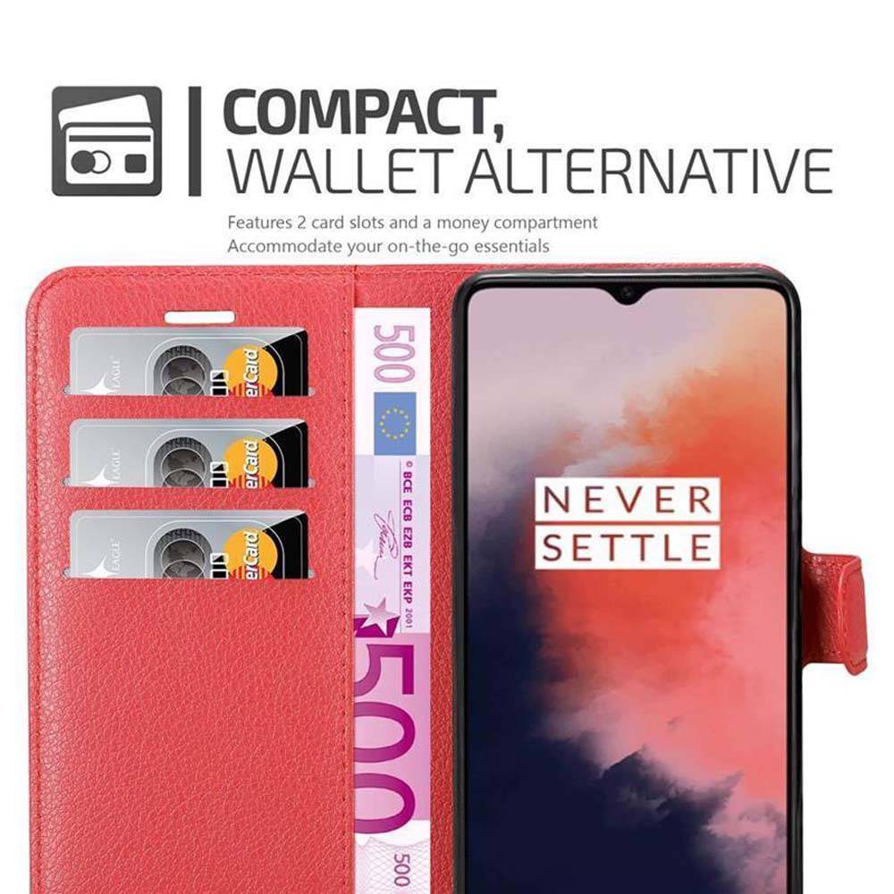 Cadorabo Hülle für OnePlus 7T Schutz Hülle in Rot Handyhülle Etui Case Cover Magnetverschluss