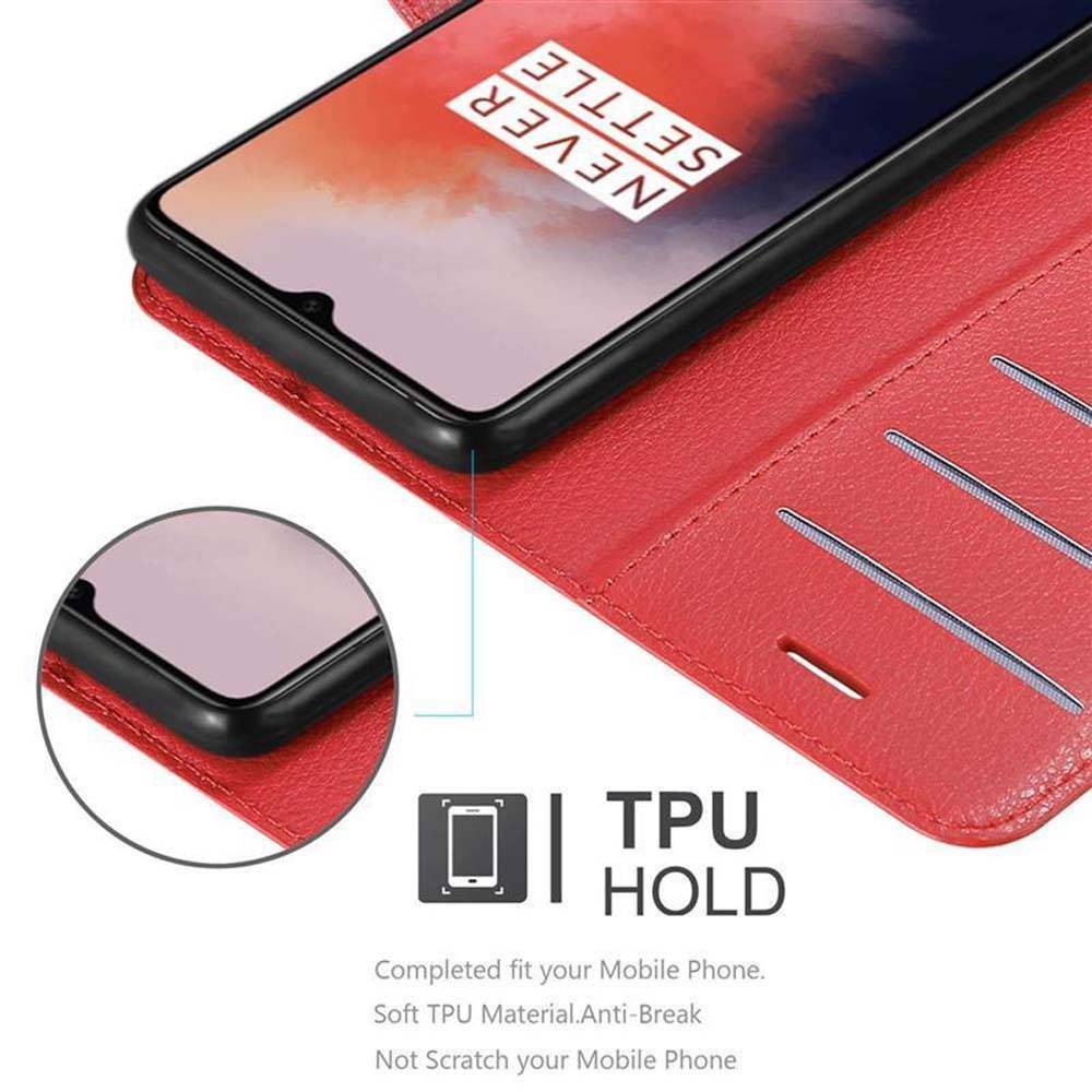 Cadorabo Hülle für OnePlus 7T Schutz Hülle in Rot Handyhülle Etui Case Cover Magnetverschluss