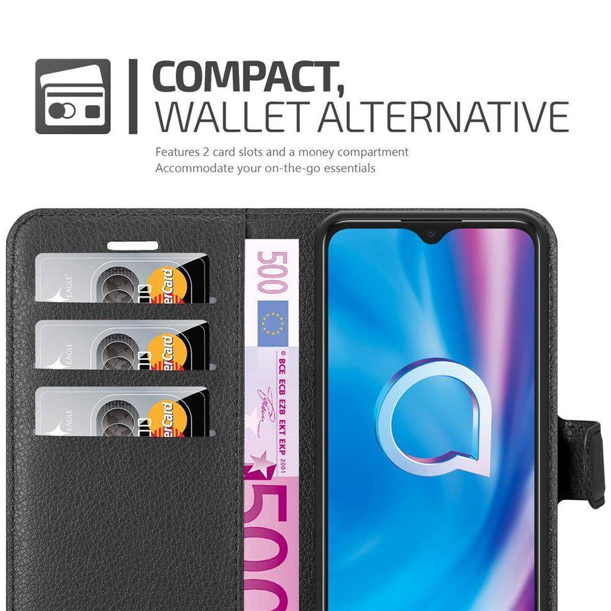 Cadorabo Hülle für Alcatel 1S 2020 Schutz Hülle in Schwarz Handyhülle Etui Case Cover Magnetverschluss