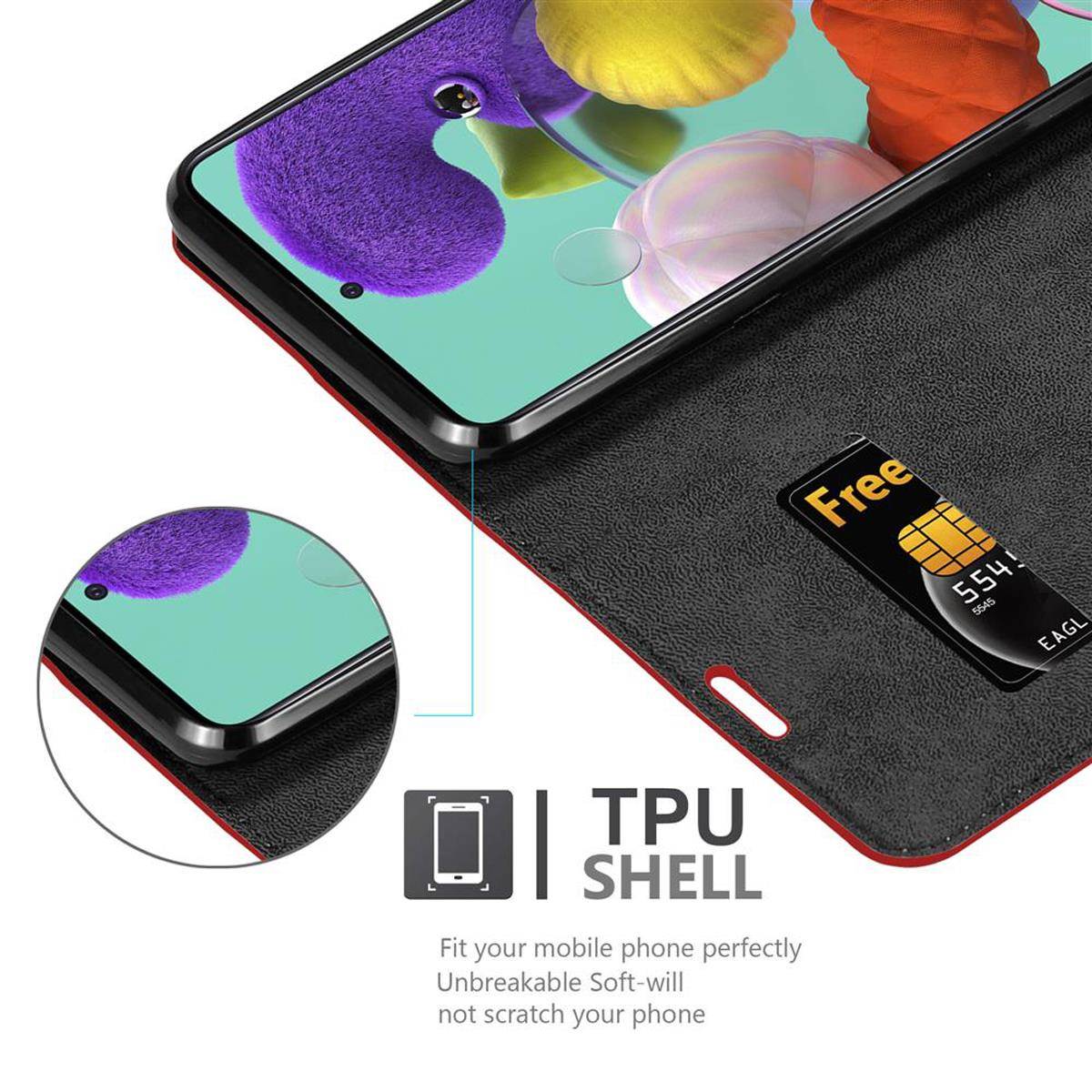 Cadorabo Hülle für Samsung Galaxy A51 5G Schutz Hülle in Rot Handyhülle Etui Case Cover Magnetverschluss