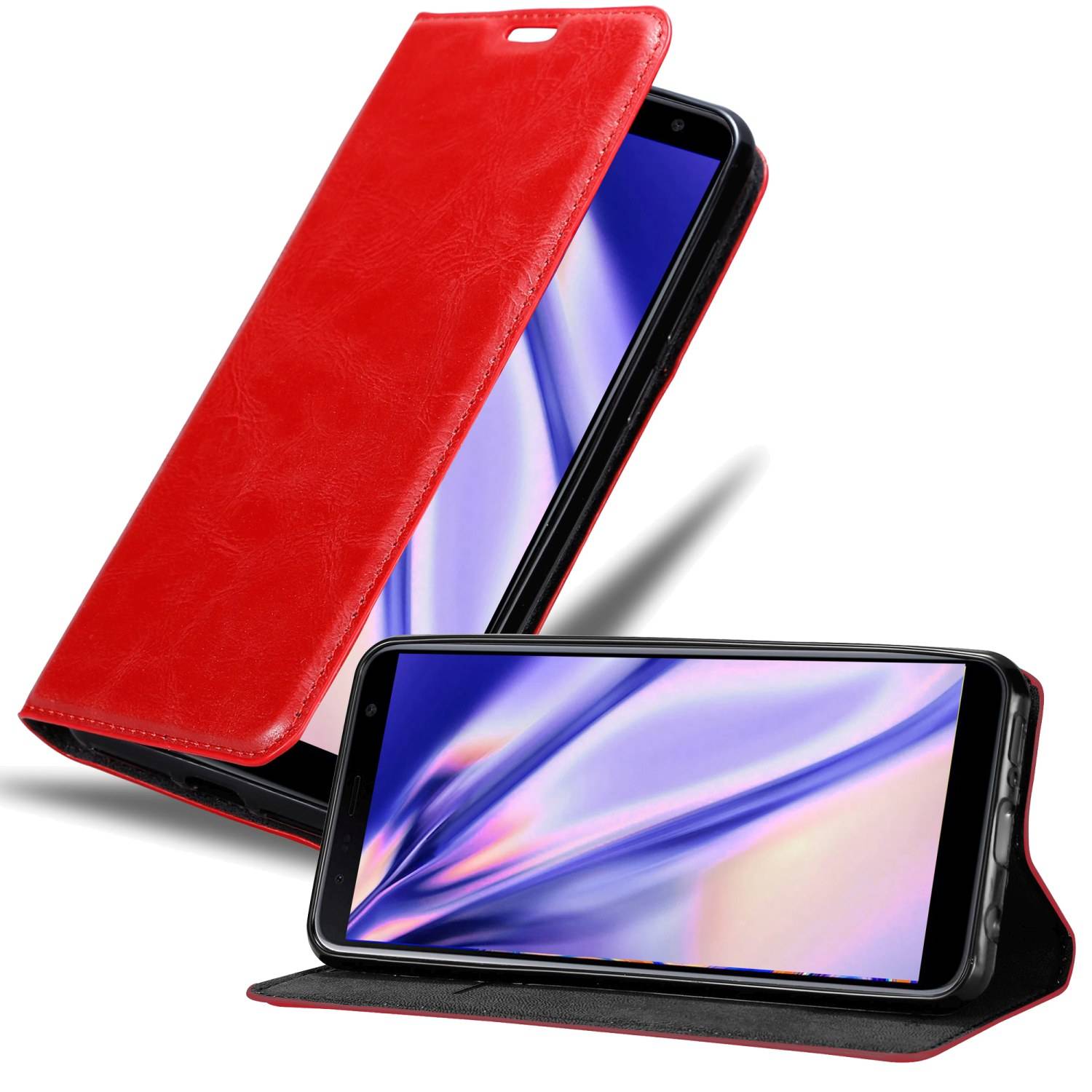 Cadorabo Hülle für Samsung Galaxy J6 PLUS Schutz Hülle in Rot Handyhülle Etui Case Cover Magnetverschluss