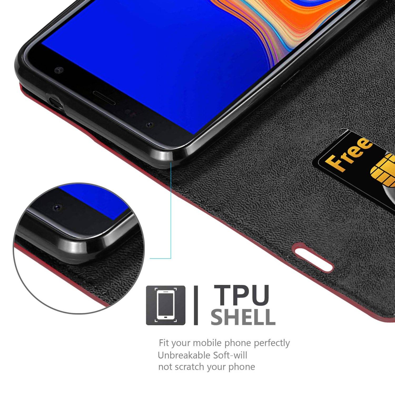 Cadorabo Hülle für Samsung Galaxy J6 PLUS Schutz Hülle in Rot Handyhülle Etui Case Cover Magnetverschluss