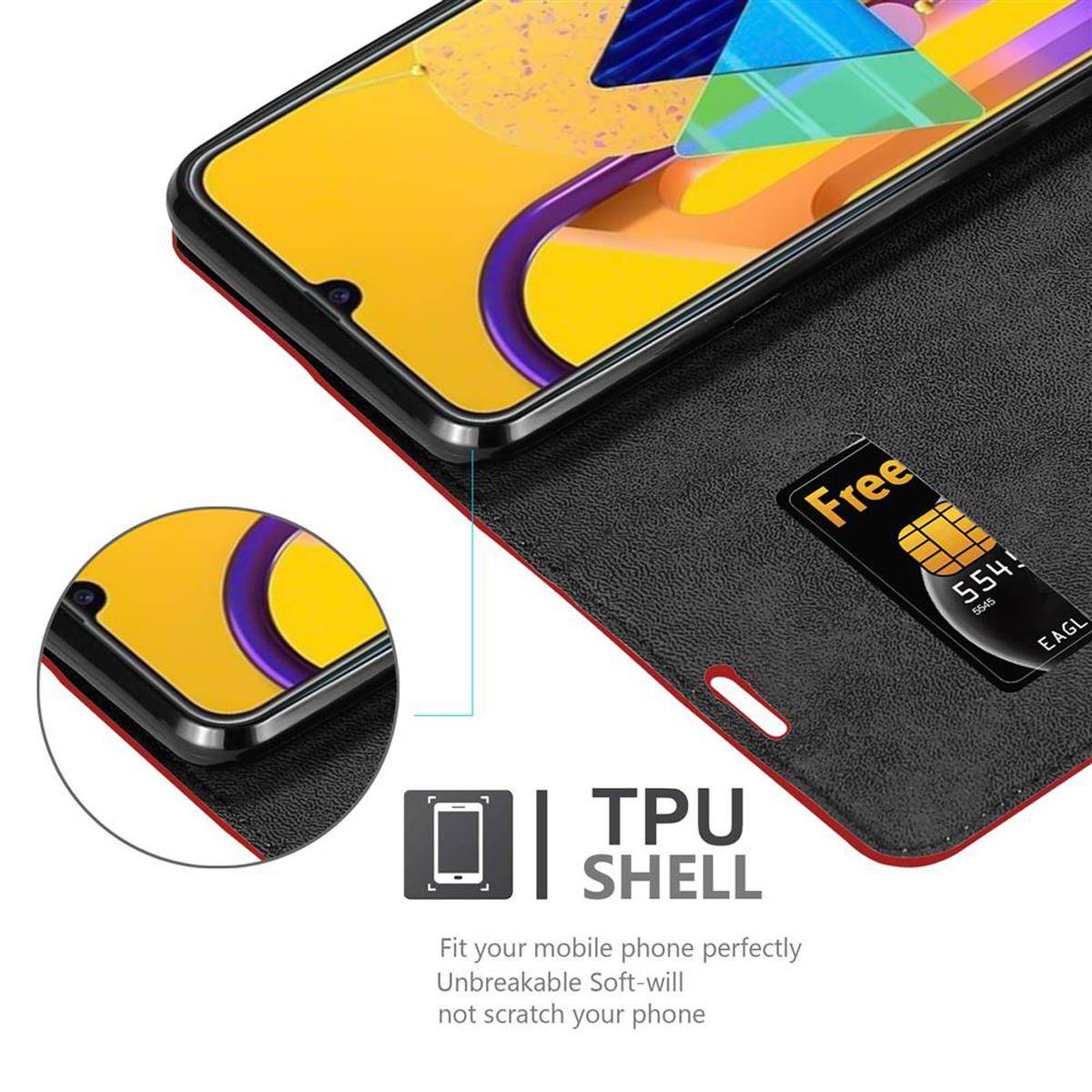 Cadorabo Hülle für Samsung Galaxy M21 / M30s Schutz Hülle in Rot Handyhülle Etui Case Cover Magnetverschluss