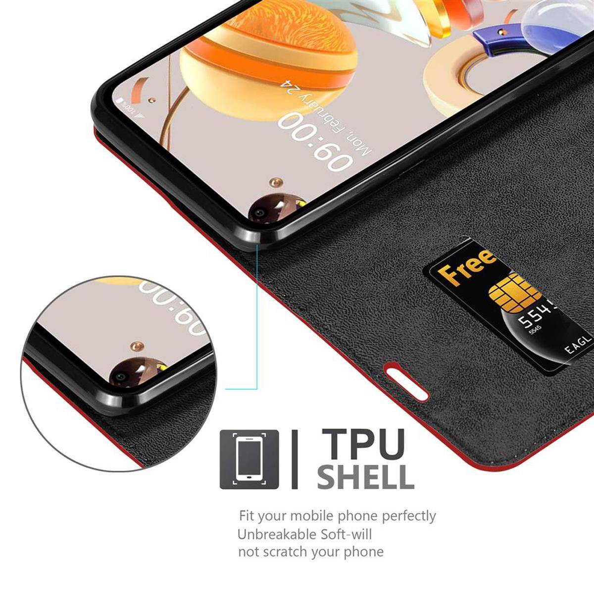 Cadorabo Hülle für LG K61 Schutz Hülle in Rot Handyhülle Etui Case Cover Magnetverschluss
