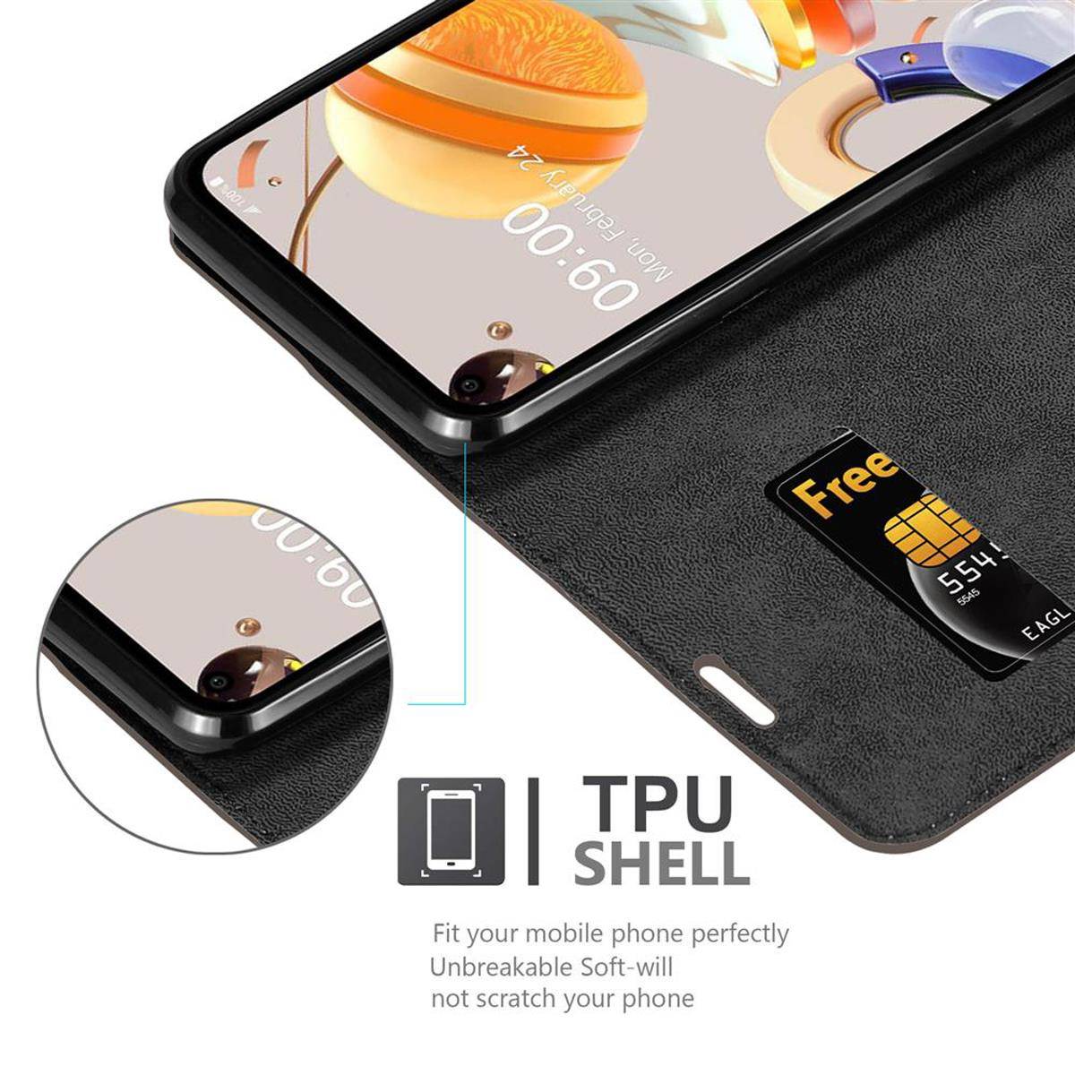 Cadorabo Hülle für LG K61 Schutz Hülle in Braun Handyhülle Etui Case Cover Magnetverschluss