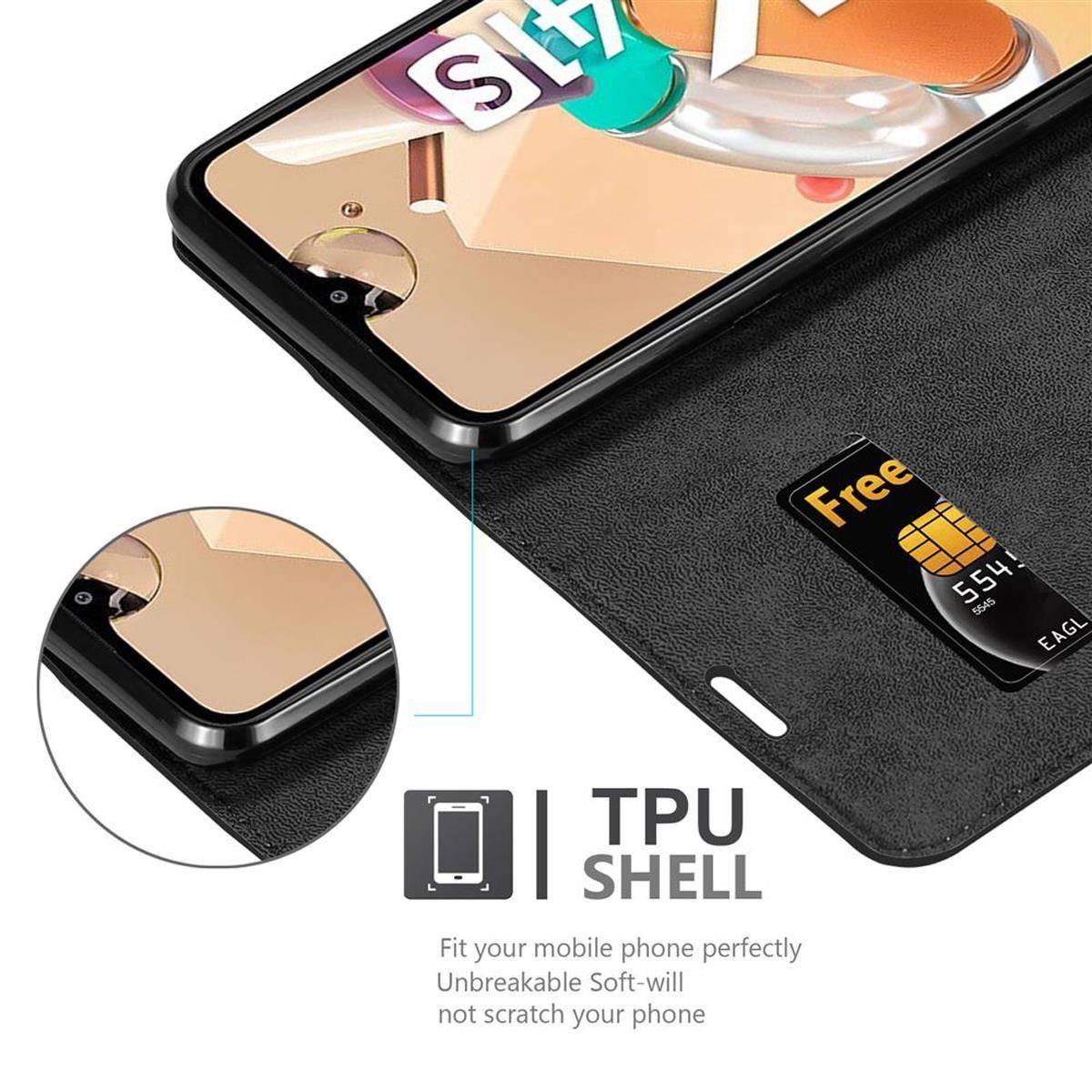 Cadorabo Hülle für LG KQ51 Schutz Hülle in Schwarz Handyhülle Etui Case Cover Magnetverschluss