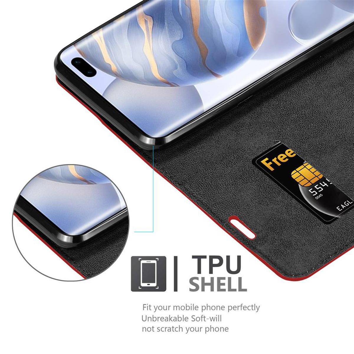 Cadorabo Hülle für Honor 30 PRO Schutz Hülle in Rot Handyhülle Etui Case Cover Magnetverschluss